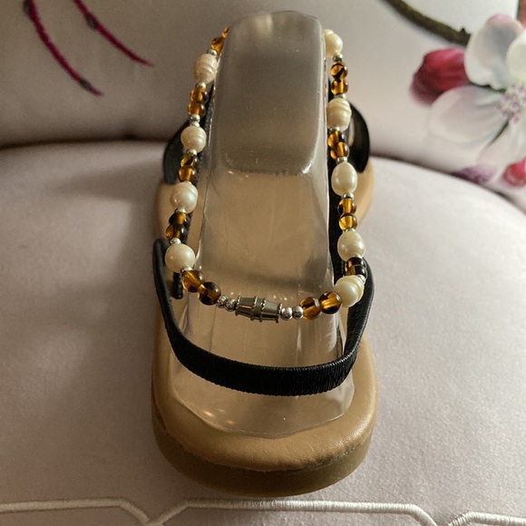 NWOT - Amber Glass Beads & Freshwater Pearls Silver Balls Wider Ankle Bracelet - Picture 5 of 10